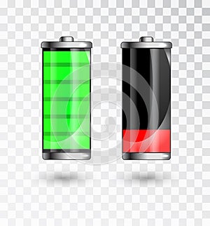 Charged and low battery. Full charge battery. Battery charging status indicator. Glass realistic power green battery illustration