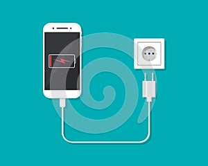 Charger with phone for charge battery of smartphone. Low level of charge in cellphone screen. Cable with plug, adapter and socket