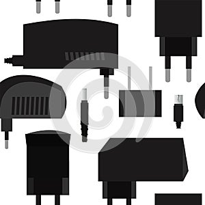 Charger. Power supply for electrical appliances. Electrical plug with rectifier. Isolated on white background. Seamless