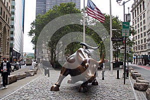 Charging Bull, aka the Wall Street Bull, bronze sculpture on Broadway at Bowling Green, New York, NY