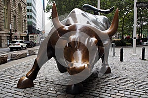 Charging Bull, aka the Wall Street Bull, bronze sculpture on Broadway at Bowling Green, New York, NY