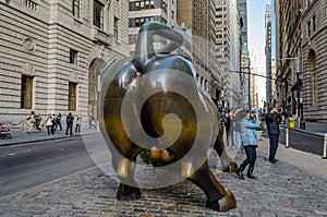 Famous Charging Bull Bronze Sculpture. Bull of Wall Street Back in Financial District, Manhattan, New York City, USA