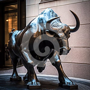 Charging Bull bronze sculpture by Italian artist Arturo Di Modica, Bowling Green, Manhattan Ai, generative photo