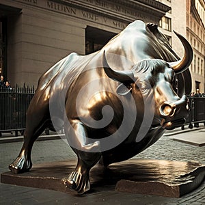 Charging Bull bronze sculpture by Italian artist Arturo Di Modica, Bowling Green, Manhattan Ai, generative photo