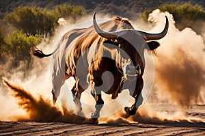 Charging Bull Captured in Mid-Motion: Muscles Taut and Nostrils Flared, Sparse Dust Clouds Swirling