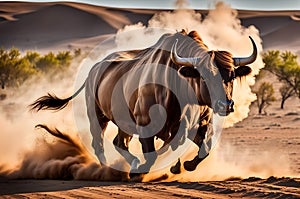 Charging Bull Captured in Mid-Motion: Muscles Taut and Nostrils Flared, Sparse Dust Clouds Swirling