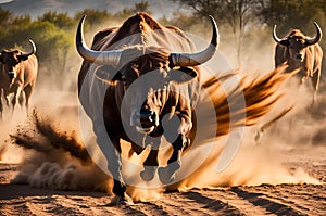 Charging Bull Captured in Mid-Motion: Muscles Taut and Nostrils Flared, Sparse Dust Clouds Swirling