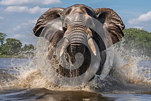 charging bull elephant splashing through water