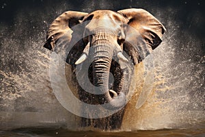 charging bull elephant splashing through water