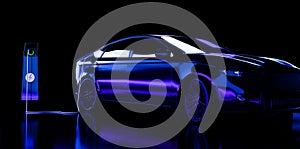 Charging an electric car with a charger, abstract neon lighting. Sustainable climate visuals