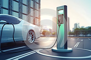 Charging an electric car at a charging station. 3d rendering