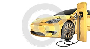 Charging electric city car in yellow clorour. Electromobility and ecology