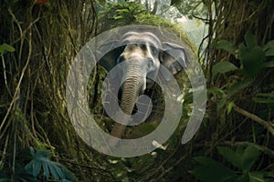 charging elephant breaking through dense jungle foliage