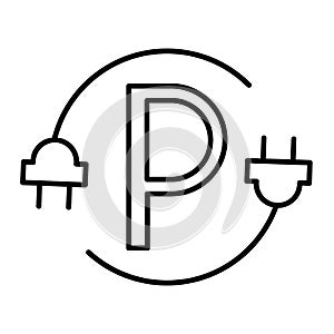 Charging parking for electric car thin line icon. Plug illustration isolated on white. Eco charging station outline