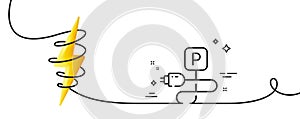 Charging parking line icon. Car charge place sign. Continuous line with curl. Vector