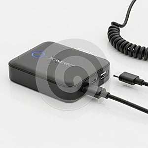 Charging ports USB A and USB C. A black cable is connected while a coiled