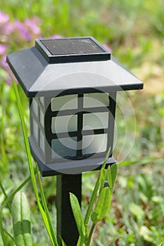 Charging solar lamp on the ground in the garden at sunny day, renewable energy concept