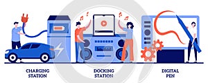 Charging station, docking station, digital pen concept with tiny people. Electronic device use and charge abstract vector