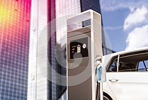 Charging station for e-cars with facade of a skyscraper