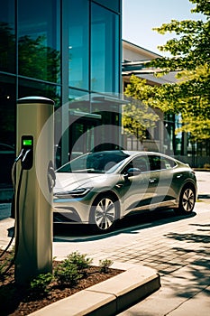Charging station for hybrid electric car. The concept of environmentally friendly alternative energy.
