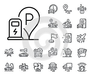 Charging station line icon. Car charge parking sign. Plane, supply chain and place location. Vector