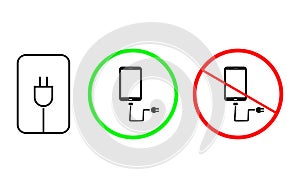 Charging symbol set of smart phone with charger and plug in flat design