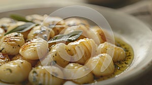 Chargrilled garleek gnocchi garnished with sage, lying on a white plate, highlights the golden sear of each piece. A