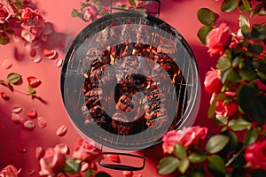 Chargrilled Meats Cook to Perfection on a Barbecue Grill Surrounded by Vibrant Red Roses and Smoky Aroma in an Outdoor Setting photo