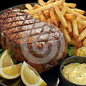 Chargrilled steak and chips with Hollandaise sauce photo