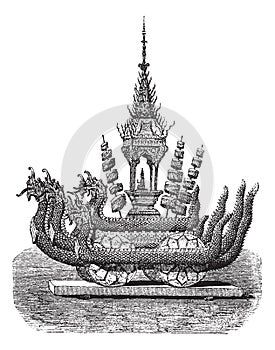 Chariot of Buddha in a cave, vintage engraving