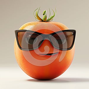 A charismatic 3D tomato character with a playful smile sports a pair of stylish