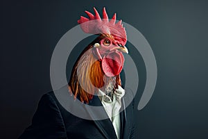 Charismatic Anthropomorphic rooster in business suit. Generate Ai