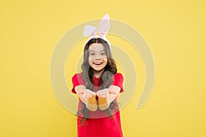 Charismatic baby advertising easter topic. Look here. Little child celebrate Easter. Small child Easter style. Bunny