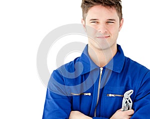 Charismatic caucasian worker holding tool