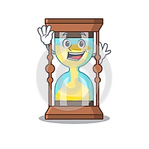 A charismatic chronometer mascot design style smiling and waving hand