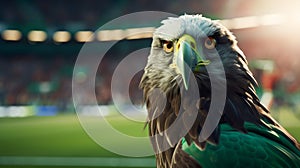Charismatic Hawk Mascot Supporting Soccer Team In Front Of Cinematic Stadium