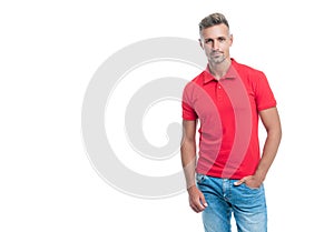 charismatic man with grizzled hair in red shirt isolated on white background