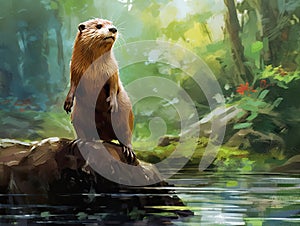 Charismatic Otter\'s Playful Stance: A Delightful Encounter by the Mossy Riverbank