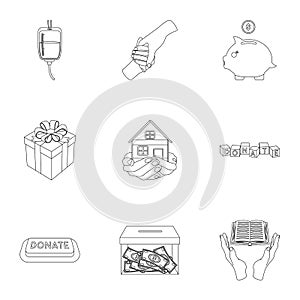 Charitable Foundation. Icons on helping people and donation.Charity and donation icon in set collection on outline style