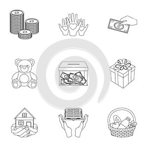 Charitable Foundation. Icons on helping people and donation.Charity and donation icon in set collection on outline style