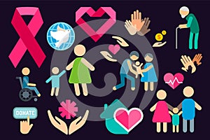 Charity care flat icons set