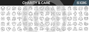 Charity and care line icons collection. Big UI icon set in a flat design. Thin outline icons pack. Vector illustration EPS10