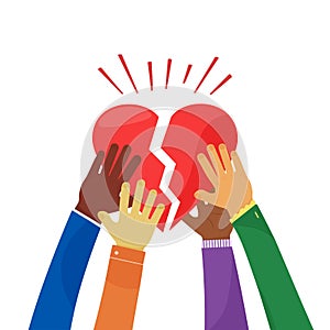 Charity and community vector icon. Broken heart holding by different people. Volunteer, love and compassion concept. Social