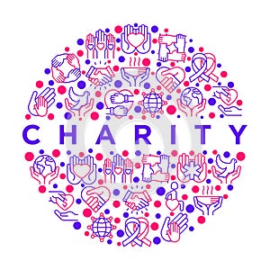 Charity concept in circle with thin line icons: donation, save world, reunion, humanitarian aid, ribbon, medical support, charity