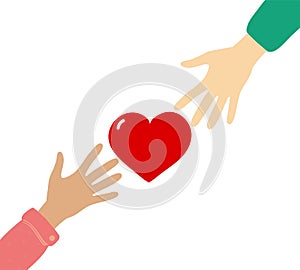 Charity concept. Heart in hands. Symbol of volunteering , help, mercy, love, goodness and hope. Vector illustration in