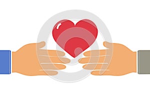 Charity concept. Heart in hands. Symbol of volunteering , help, mercy, love, goodness and hope. Vector illustration in