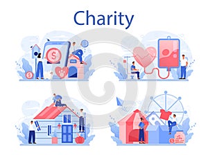 Charity concept set. People or volunteer donate stuff to help