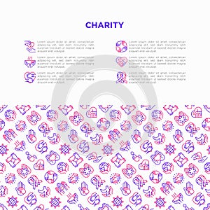 Charity concept with thin line icons: donation, save world, reunion, humanitarian aid, ribbon, medical support, charity to