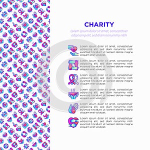 Charity concept with thin line icons: donation, save world, reunion, humanitarian aid, ribbon, medical support, charity to