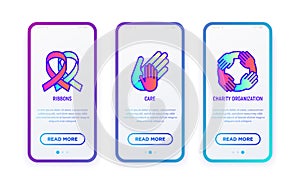 Charity concept with thin line icons: ribbons, care, medical support, charity organization. Vector illustration for user mobile